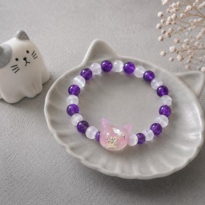 ふるさと納税 奈良市 猫玉ホタルガラスの天然石ブレスレット|アメジスト&amp;キャッツアイ|レディースサイズ