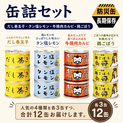 ふるさと納税 泉佐野市 缶詰4種★ 12缶セット(だし巻き玉子缶詰/タン塩レモン缶詰/牛焼肉カルビ缶詰/鶏ごぼう缶詰) | 