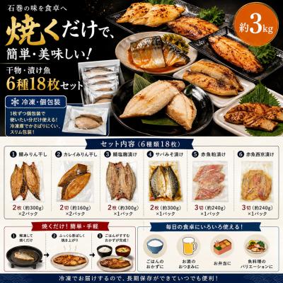 ふるさと納税 石巻市 焼くだけ 小分け 干物セット 漬魚 6種18枚 約3kg 冷凍 詰め合わせ 鯖 カレイ 赤魚 みりん |  | 01