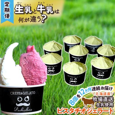 ふるさと納税 新ひだか町 &lt;12ヶ月定期便&gt;北海道産 生乳 ジェラート アイス 毎月8個 ピスタチオ