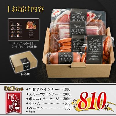 ふるさと納税 宮崎県 【PREMIUM PORK】 尾鈴豚 薫製ハム 腸詰め 詰め合わせ 足し加える810g 5種 B仕かける