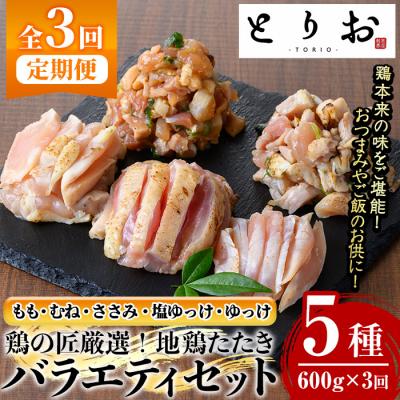 ふるさと納税 いちき串木野市 [3か月定期便] 地鶏のたたきバラエティ(もも、むね、ささみ、塩ゆっけ、ゆっけ)セット
