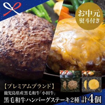ふるさと納税 南さつま市 [お中元ギフト]鹿児島県産黒毛和牛「小田牛」 牛肉100% 2種類のハンバーグステーキ 計4個