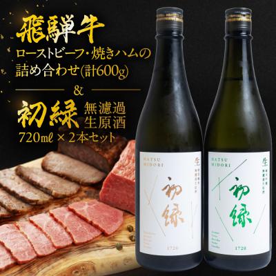 ふるさと納税 下呂市 [飛騨 味職人]飛騨牛ローストビーフ・焼ハム(計600g)と[初緑]無濾過生原酒セット[54-18]