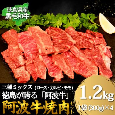 ふるさと納税 小松島市 国産 阿波牛焼肉ミックス 醤油ダレ 1.2kg (300g×4P) 牛肉 焼肉 ロース カルビ モモ