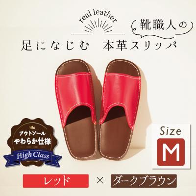 ふるさと納税 碧南市 [ハイクラス]靴職人手作りの本革「スリッパ」 レッド×ダークブラウン Mサイズ