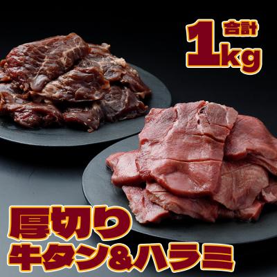ふるさと納税 大崎市 [厚切り1cm]牛タン&amp;ハラミ焼肉セット1kg 業務用