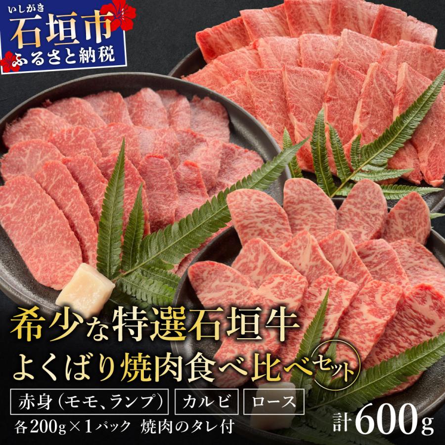 ふるさと納税 石垣市 赤身(モモ、ランプ)とカルビとロースよくばり焼肉食べ比べセット合計600g 石垣牛 焼肉タレ