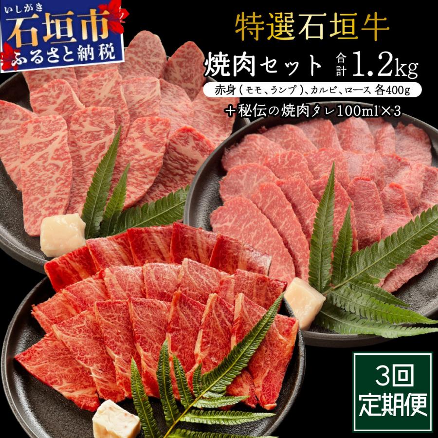 ふるさと納税 石垣市 全3回合計1.2kgの焼肉セット 赤身(モモ、ランプ)、カルビ、ロース各400gずつ焼肉タレ