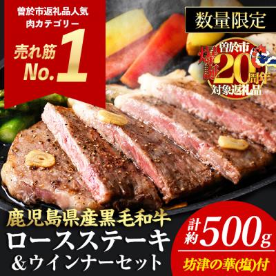 ふるさと納税 曽於市 [数量限定]黒毛和牛ロースステーキ塩付(2枚500g+ウインナー2袋)
