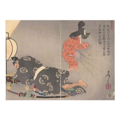 ふるさと納税 名古屋市 オリジナル[レプリカ浮世絵(2枚絵)月岡芳年作「天延四年秋妖怪土蜘蛛脳源頼光寝所酒田公時等宿直欲払其