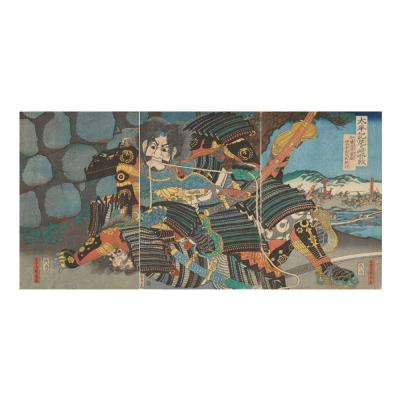 ふるさと納税 名古屋市 オリジナル[レプリカ浮世絵(3枚絵)歌川貞秀作「太平記尼ヶ崎合戦 加藤清正勇猛四方手左司馬組討」]
