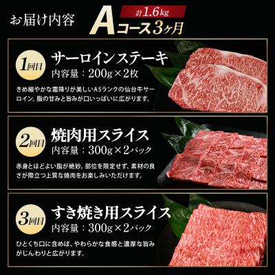 ふるさと納税 蔵王町 【毎月定期便】「A5仙台牛Aコース」 ステーキ・焼肉・すき焼き 全3回　【04301-0959】 |  | 01