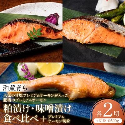 ふるさと納税 八代市 酒蔵育ち肥後のプレミアムサーモン粕・味噌漬け各2切甘塩プレミアムサーモン約500g