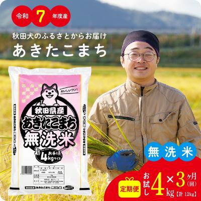 ふるさと納税 大館市 [定期便3ヶ月]令和7年産秋田県産あきたこまち(無洗米)4kg