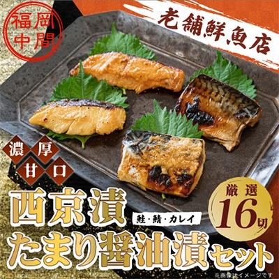 ふるさと納税 中間市 [発送月固定定期便]辻鮮魚店鮭・鯖・カレイ西京漬&amp;たまり醤油16切(中間市)全3回