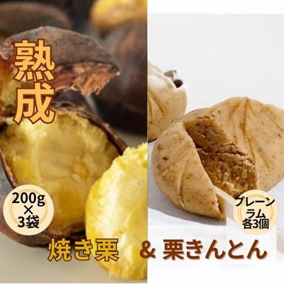 ふるさと納税 筑西市 [吉原農場の完熟栗]熟成焼き栗3袋・栗きんとん1箱セット(プレーン&amp;ラム各3個)[複数個口で配送]