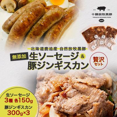 ふるさと納税 鹿追町 [毎月定期便]自然放牧黒豚 生ソーセージ(3種各150g)&amp;豚ジンギスカン(300g×3)全2回