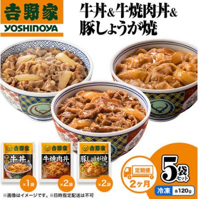 ふるさと納税 十日町市 [毎月定期便]2ヶ月連続 吉野家 牛丼&amp;牛焼肉丼&amp;豚しょうが焼 5袋セット(冷凍) 防災非常食全2回
