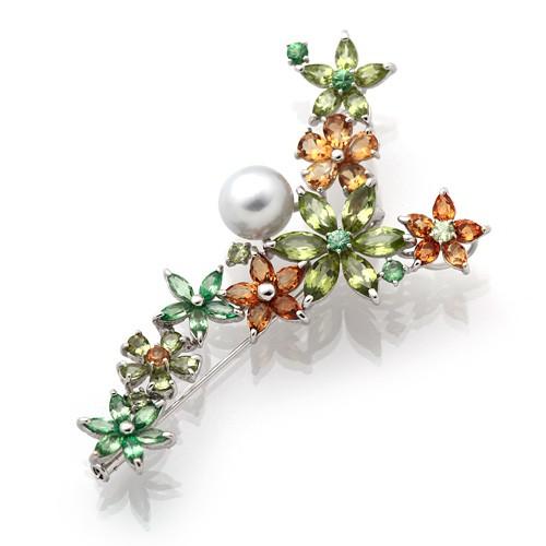 K18WG/K14WG ブローチ 南洋真珠 10mmUP グリーンガーネット 2.06ct  