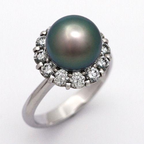 パールリング プラチナ 南洋黒真珠 9.8mm ダイヤモンド 0.963ct 