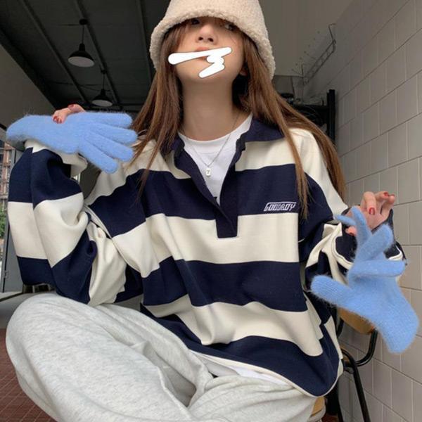 あり ポロシャツ ボーダー柄 スキッパー ロンT ロンティー 襟付き 長袖
