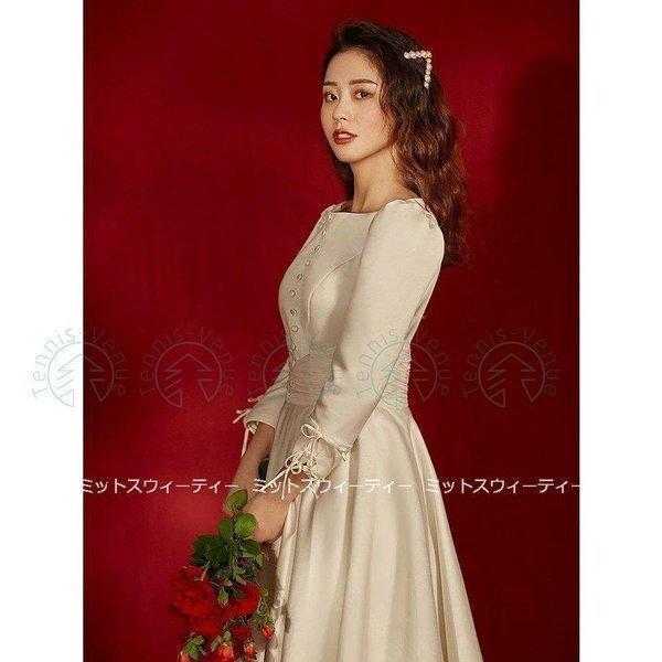 ウエディングドレス長袖ドレス二次会ウェディングドレスaラインドレス花嫁結婚式ブライダル披露宴ロングドレス秋冬エレガント大人小柄な花嫁に_4