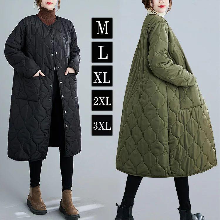 ノーカラーキルティングロングコートアウター襟なし中綿上着無地