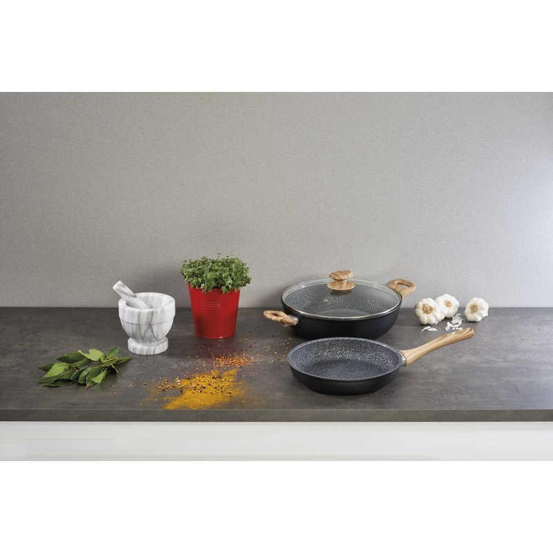 BARAZZONI シリコンエッジ耐熱ガラス蓋付 IH対応 フライパン 24cm Granitica Extra Induction Eco Legno ブラック［IH対応］ 85510602425-SLの画像