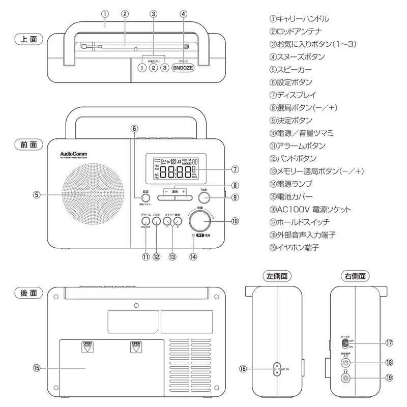 オーム電機　時計付き PLLポータブルラジオ AudioComm ブラック [ワイドFM対応 /AM/FM/短波]　RAD-T570N
