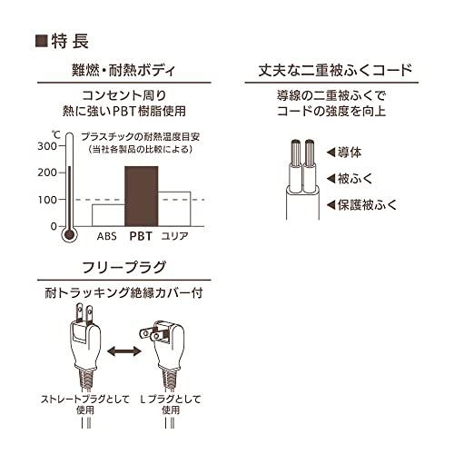 オーム電機 延長コード 屋内用 電源タップ 1個口 10m フリープラグ 180度回転プラグ ホワイト HS-T110SP22 00-1616 OHM｜y-mahana｜02