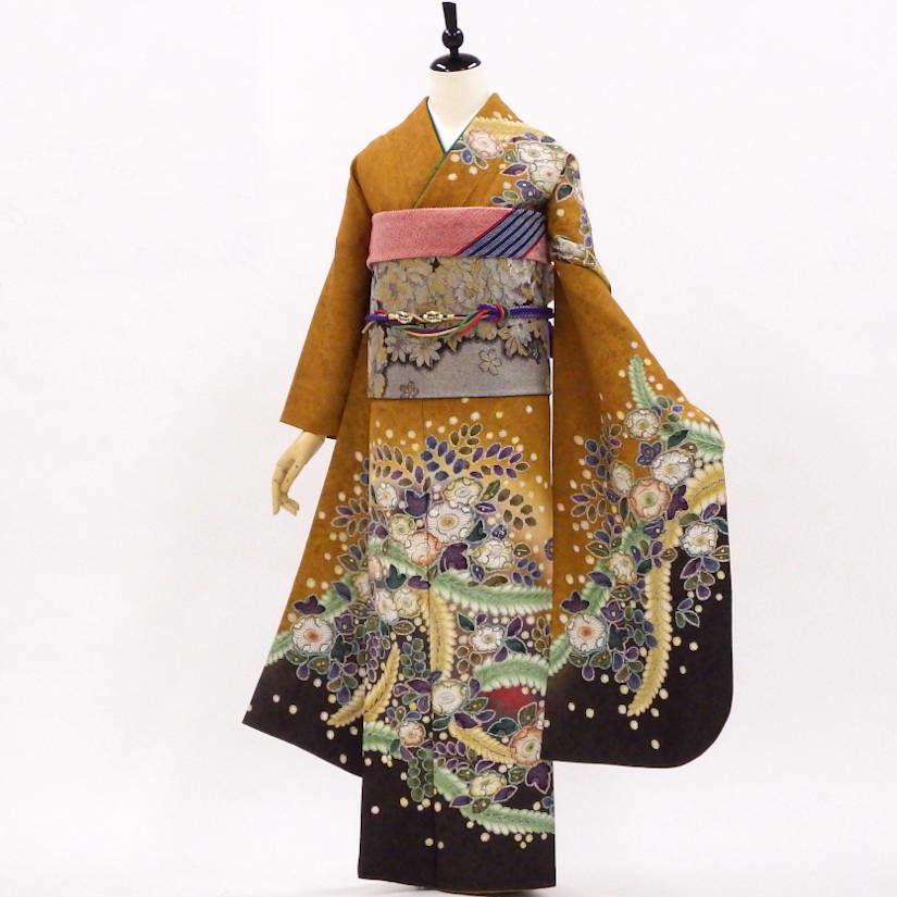 中古】正絹 振袖 フルセット 販売6点セット 半衿付き長襦袢・帯・帯揚