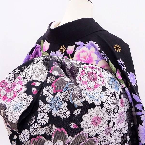 振袖販売6点セット 半衿付き長襦袢・帯・帯揚・帯〆・重衿付き 黒 夜に 