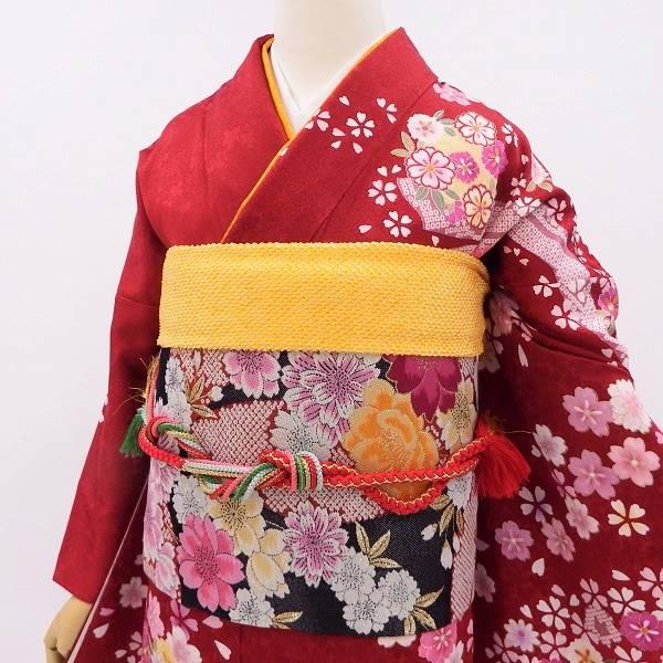 正絹振袖 写真通りの販売6点セット 可憐な赤 桜と牡丹に春風のそよぎ 
