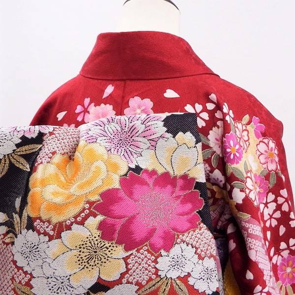 正絹振袖 写真通りの販売6点セット 可憐な赤 桜と牡丹に春風のそよぎ 