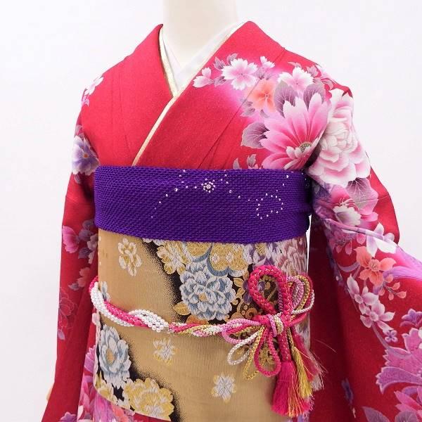 ★中古美品　正絹 振袖　6点セット　赤系 中古】正絹振袖 販売6点セット 半衿付き長襦袢・帯・帯揚・帯〆・重衿