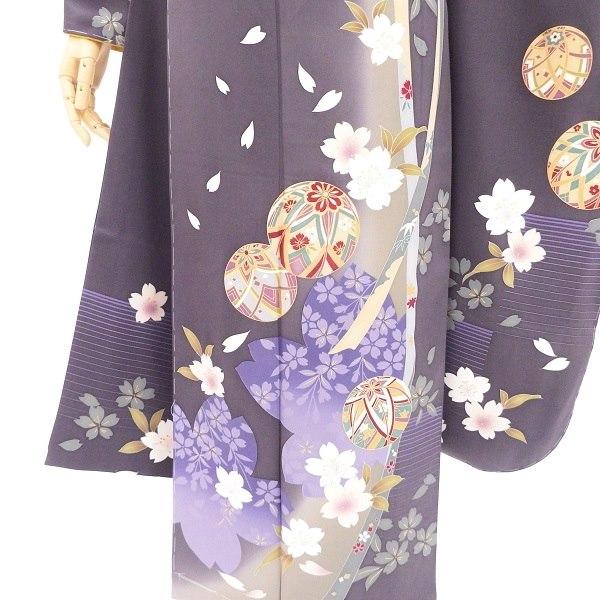 正絹表地 振袖 中古 販売 和のチャコールグレー 桜手まり : 舞衣夢 