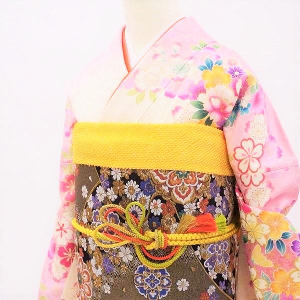 中古】正絹 振袖 フルセット 販売6点セット 半衿付き長襦袢・帯・帯揚