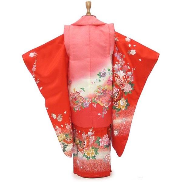 七五三 7歳用フルセット 花柄蝶デザイン着物 赤オレンジ 【公式通販】