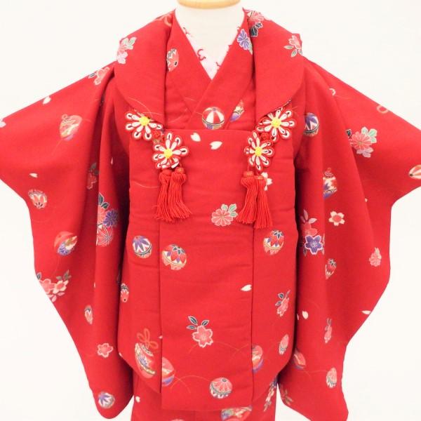 七五三 3歳 着物と被布コートのセット 販売 レトロな小紋柄 お花と鈴 