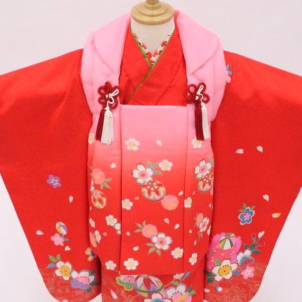 七五三 3歳 【販売 】【中古】着物フルセット 赤 可愛い桜と手まり 髪 