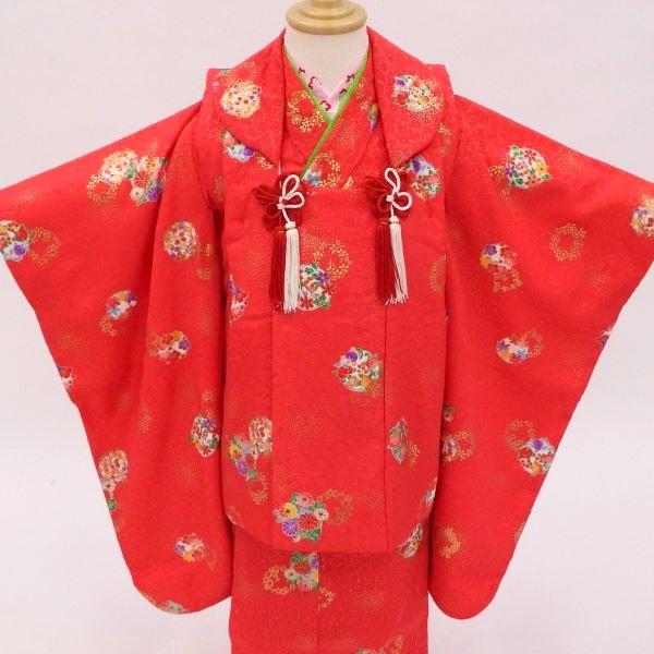 七五三 3歳 【販売 】【中古】着物フルセット 鮮やかな赤に花丸紋様