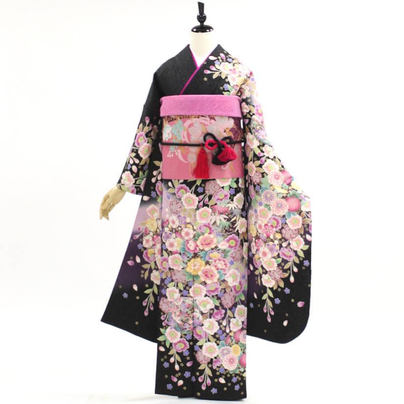 正絹振袖+半衿付き長襦袢+帯+帯揚+帯〆+重衿 6点セット 夜を彩る八重桜