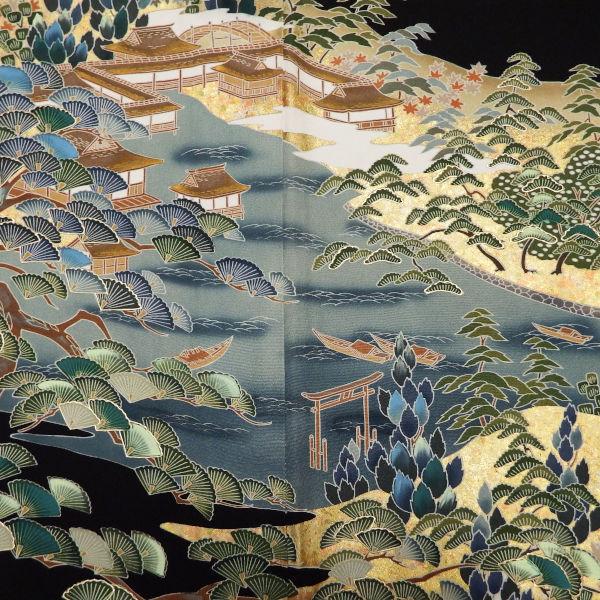 正絹表地 黒留袖 中古 長襦袢つきのお得な2点セット販売 名所風景 安芸 