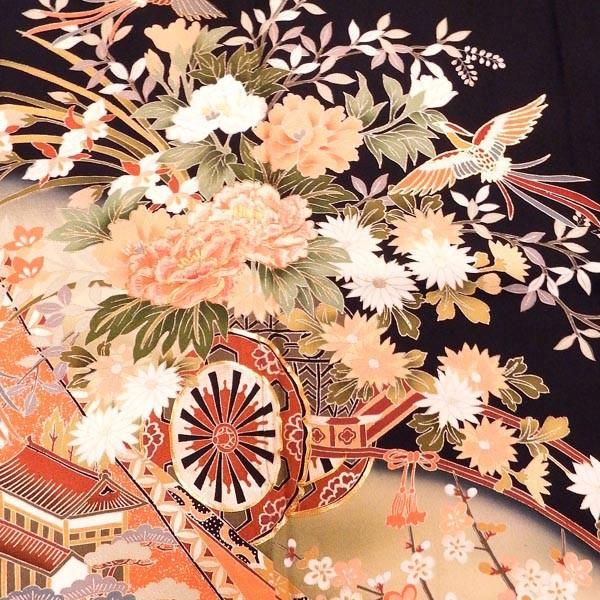 正絹】【中古】単品販売 貸衣装をリサイクル 黒留袖 花車と花篭