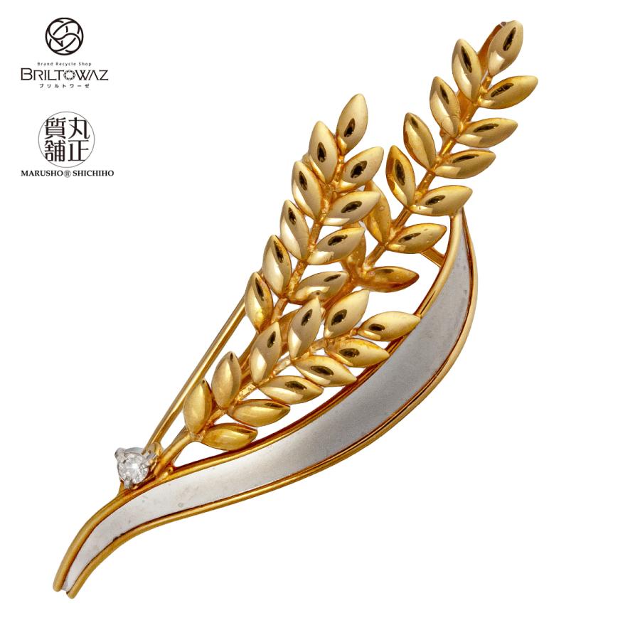 K18/Pt900 ダイヤ入り ペンダントブローチ リーフ柄 0.03ct イエロー