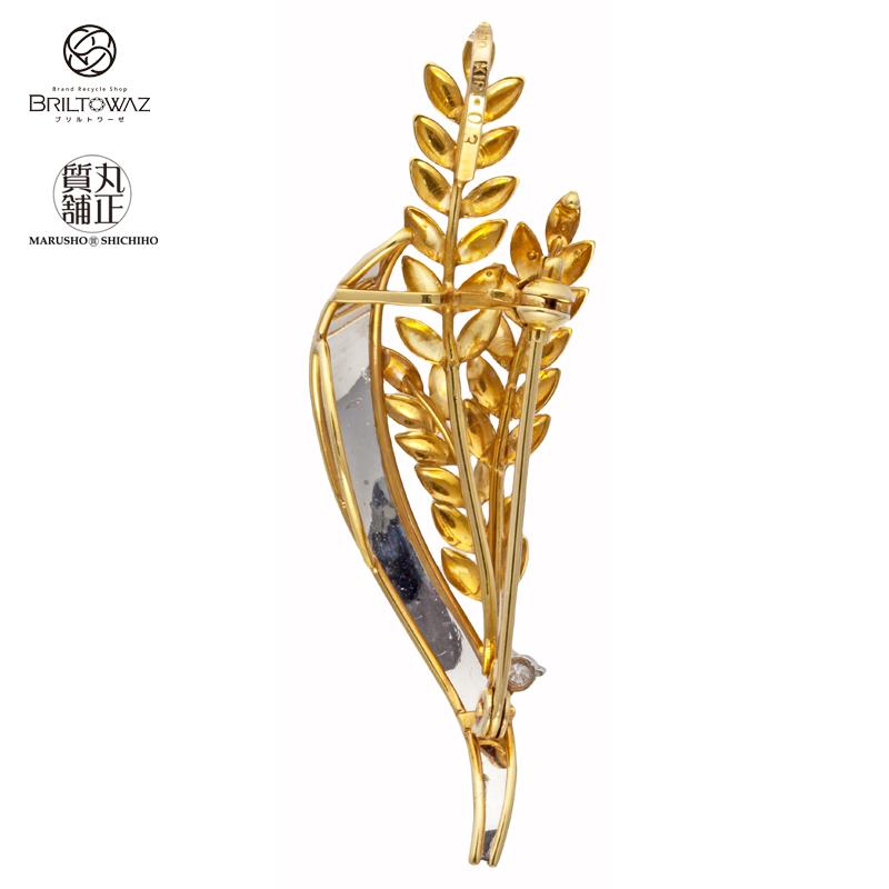 K18/Pt900 ダイヤ入り ペンダントブローチ リーフ柄 0.03ct イエロー