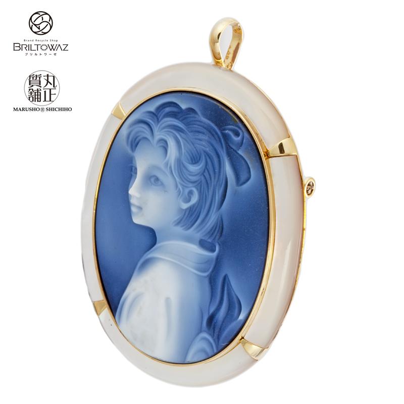 バンビーノ ペンダントブローチ 750YG ストーンカメオ シェル枠