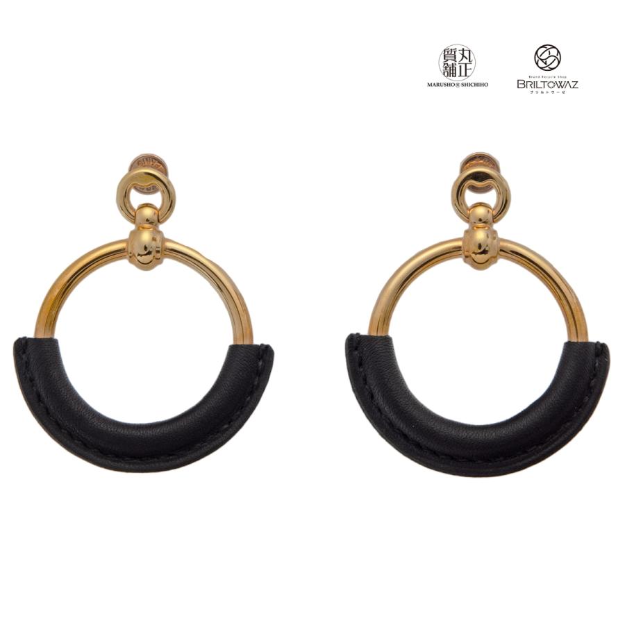 HERMES エルメス ループグラン ピアス フープ ゴールド金具 黒 HERMES エルメス ループグラン ピアス フープ ゴールド金具 黒