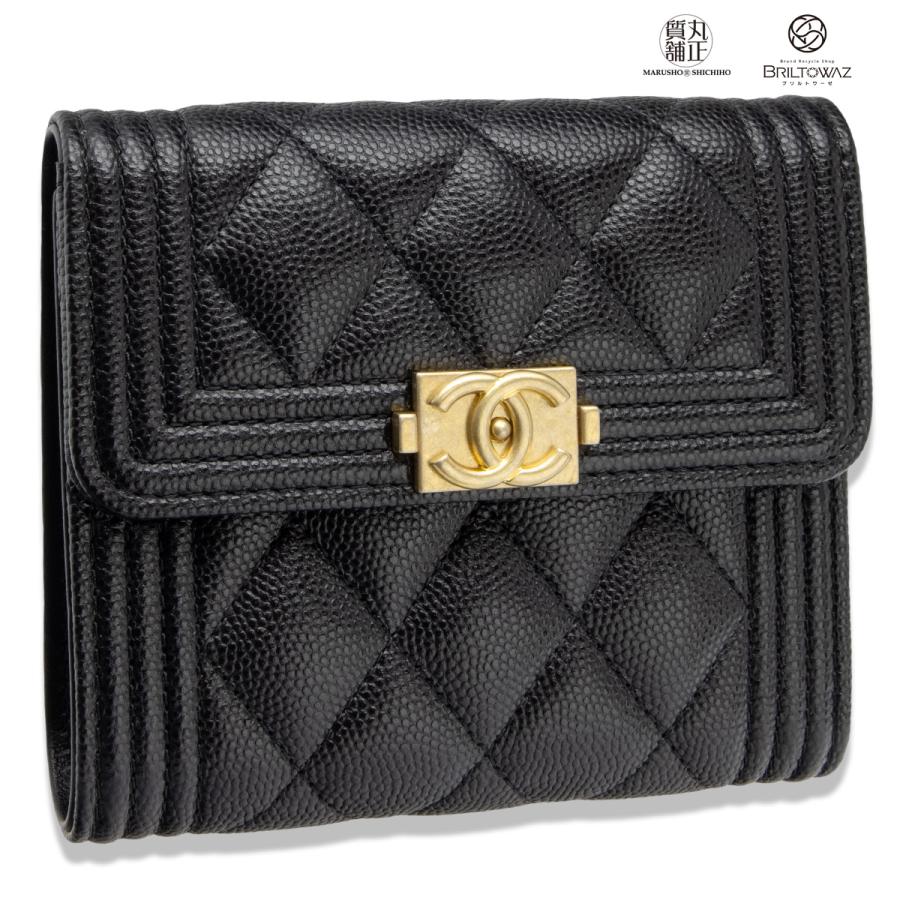 シャネル BOY CHANEL スモールフラップウォレット A80734 ブラック/ゴールド金具 キャビアスキン 2020 黒 三つ折り 財布（M211838）｜y-marusho78｜02